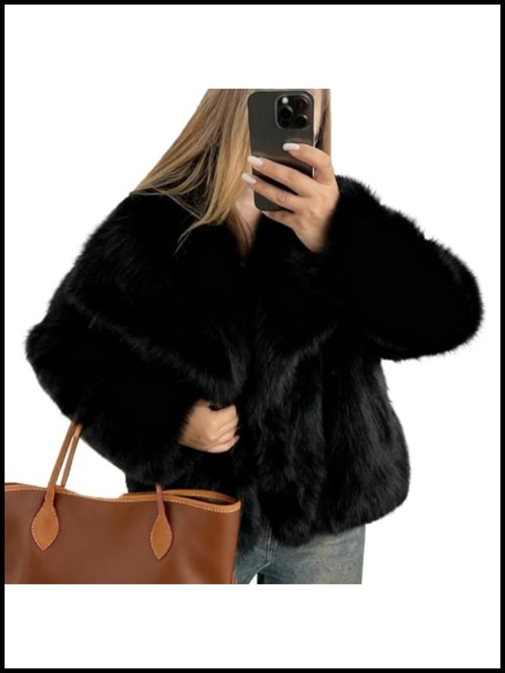 Women's Cropped Faux Fur Coat Open Front Long Sleeve Fluffy Jacket with Pockets